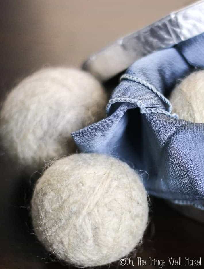 Closeup of 3 wool dryer balls.