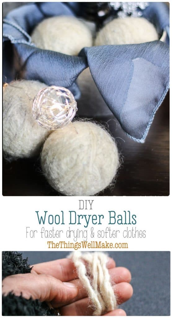 DIY wool dryer balls are easy to make and are a simple, ecological way to soften clothes and reduce dryer time and static cling. #thethingswellmake #miy #wool #wooldryerballs #dryerballs #laundry #greenlaundry #greenlaundrytips #fabricsoftener #greencleaningtips #greencleaning #naturalcleaning #naturalcleaningproducts #naturalwashing #fabricsoftener