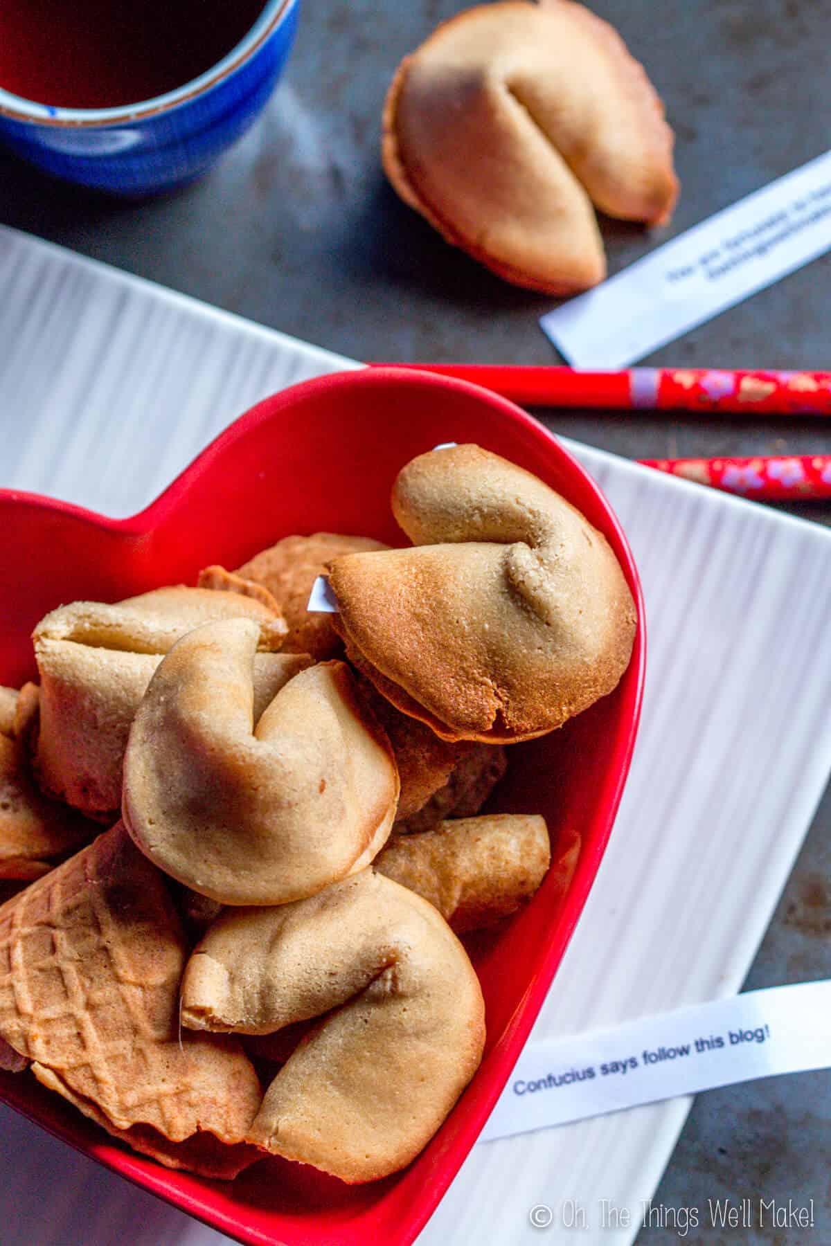 Overhead view of several homemade fortune cookies in a heart-shaped red bowl. One has a fortune that says "Confucius says follow this blog."