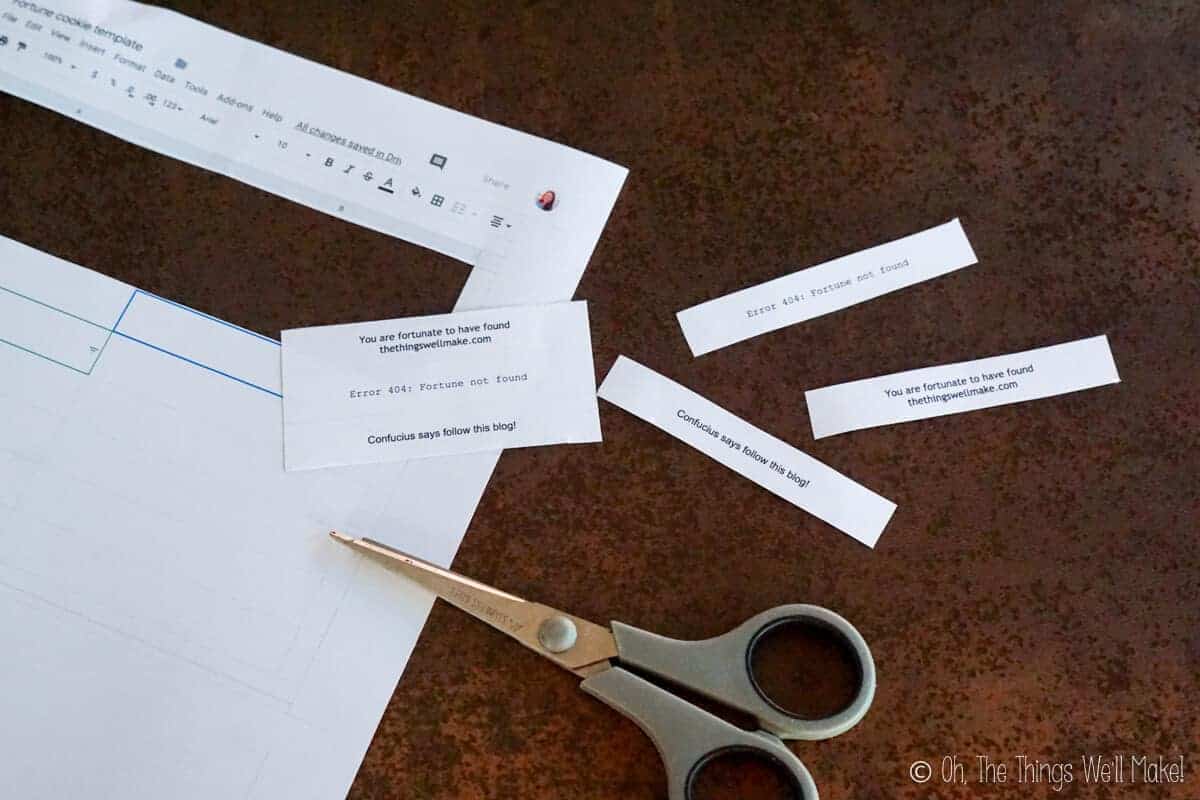 Cutting out printed fortunes for fortune cookies.