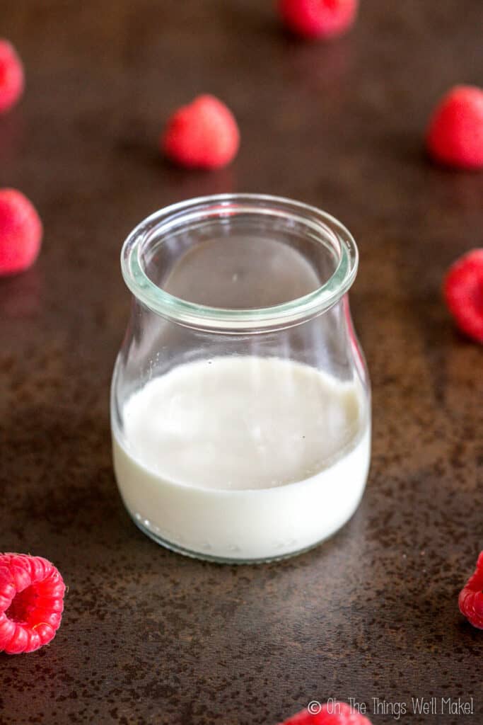 Homemade panna cotta in a glass jar surrounded by raspberries