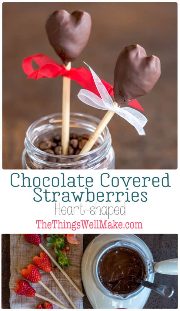 Better than store-bought candy, these heart-shaped chocolate covered strawberries are perfect for gifting on Valentine's day, but you can enjoy them year round. #thethingswellmake #miy #recipes #valentinesday #valentinesdayrecipes #strawberries #strawberryrecipes #chocolaterecipes #chocolate