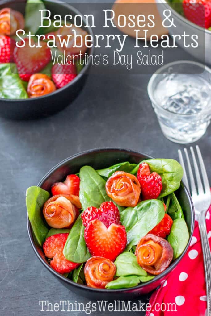 If you're looking to make the perfect Valentine's Day salad, I'll show you how to make bacon roses and strawberry hearts, perfect for dressing up your salads or garnishing your holiday plates year round! #thethingswellmake #miy #valentinesday #valentinesdayfood #saladrecipes #valentinesdayideas #romanticdinners #partyfood #holidayfood #romanticfood #romanticrecipes #foodroses #baconrecipes #strawberries #heartshaped #strawberryhearts