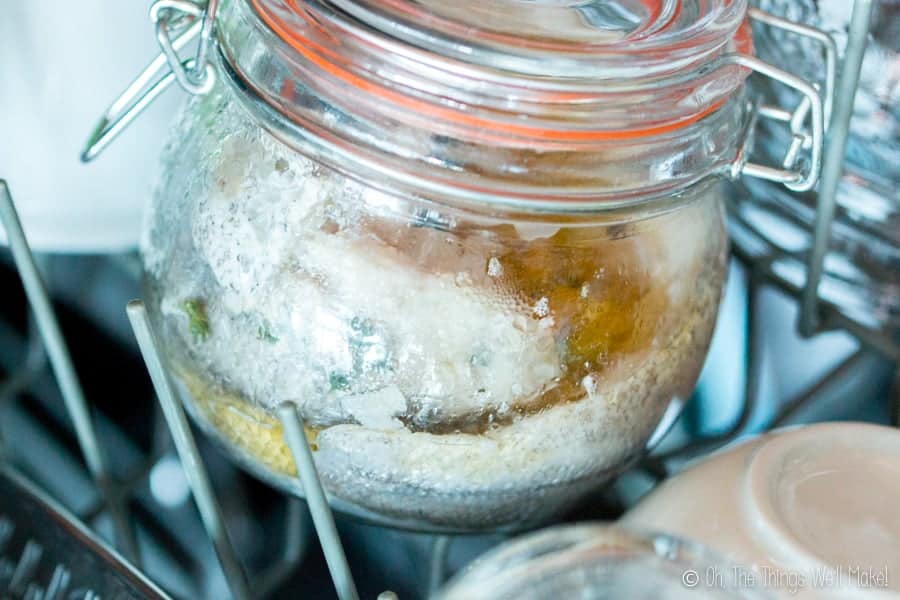 A jar with hake that was cooked in the dishwasher