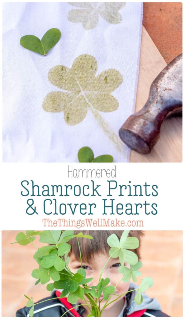 A fun St. Patrick's Day activity for kids or adults, these hammered shamrock prints and clover hearts are a festive way to decorate cloth for all sorts of holiday projects. #thethingswellmake #miy #stpatricksday #shamrocks #stpatricksdaydecor #stpattysdayideas #stpatricksdaycrafts #artsandcrafts #craftsforkids #clothprojects #naturalcrafts #diynatural #naturecrafts