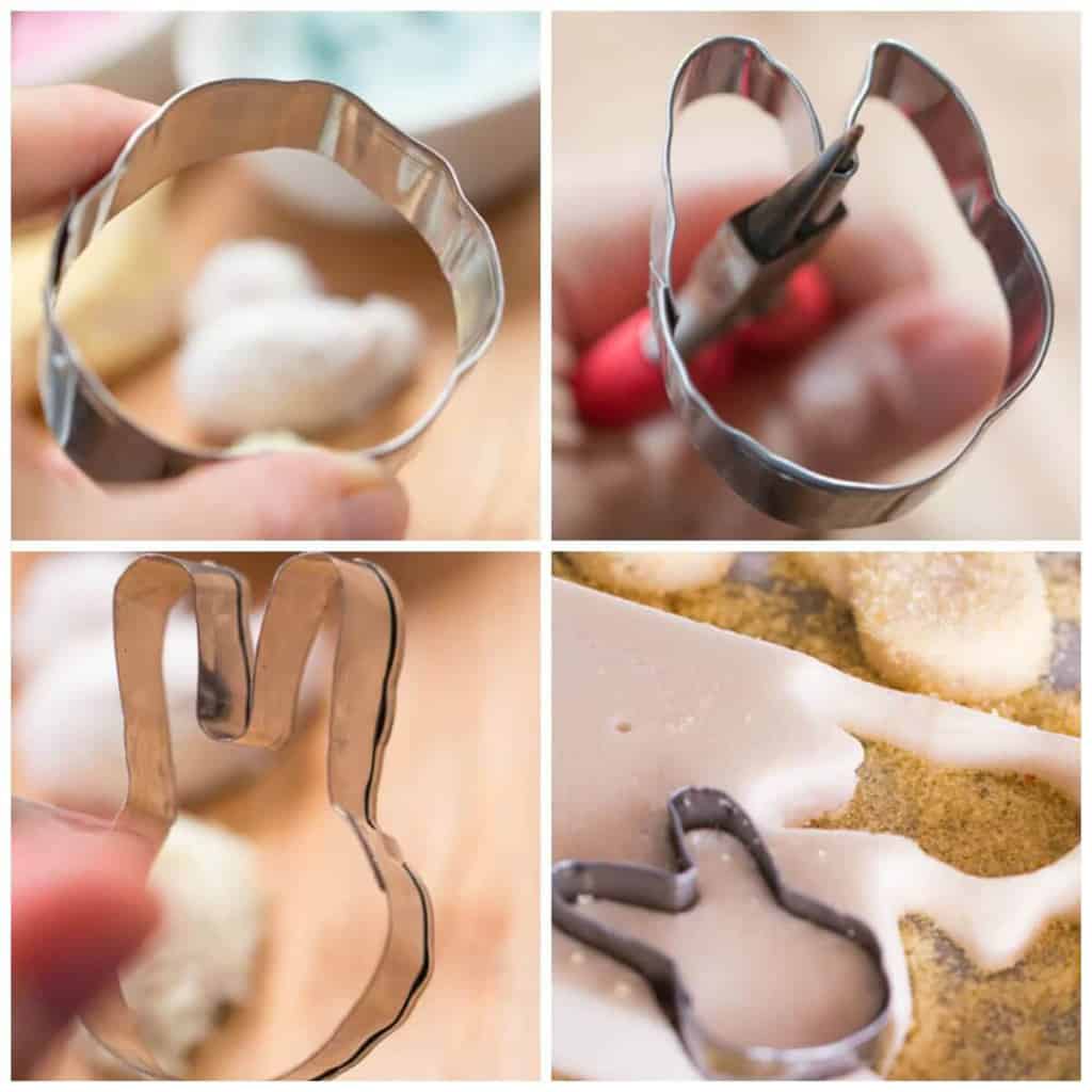 A collage of 4 photos showing the various stages of making your own cookie cutters by using a pliers to form the metal into a new bunny shape for cutting homemade marshmallow peeps.