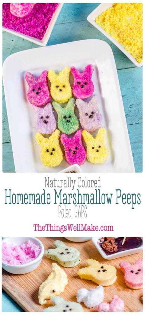 Avoid the corn syrup and artificial colors when you make these healthier homemade marshmallow peeps. It's a fun Easter activity that isn't as difficult as you might think. #Easter #marshmallow #peeps #paleo #GAPS
