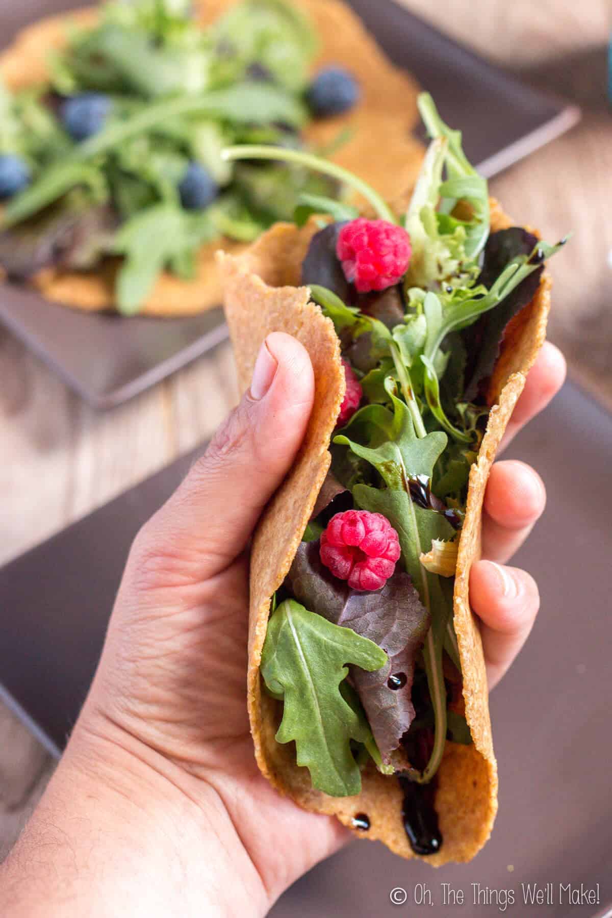 Lettuce and raspberries wrapped in a flaxseed tortilla