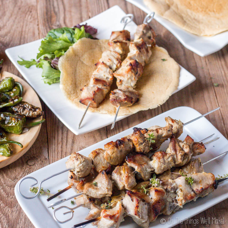 Pork souvlaki, grain free pitas, and some grilled padron peppers.