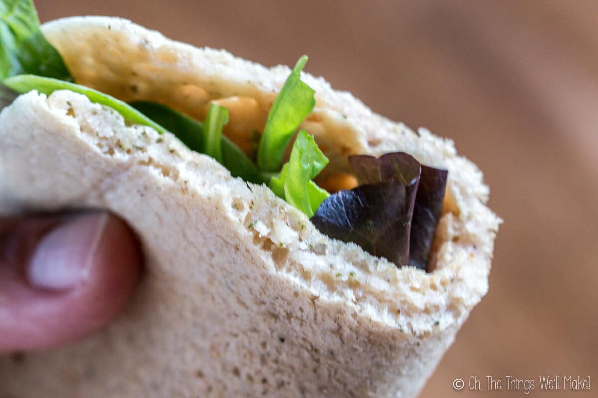 Rolled up paleo pita with lettuce inside