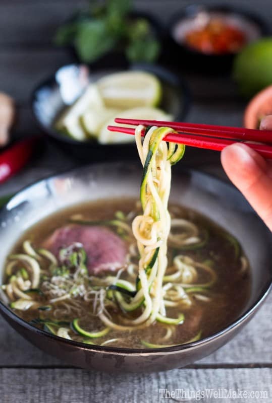 A bowl of a homemade pho with zucchini noodles