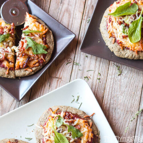 This paleo pizza crust recipe is quick and easy and absolutely delicious. Even my picky husband and toddler love it when I make pizza with it.