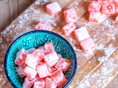 turkish delight in a bowl and some on a chopping board