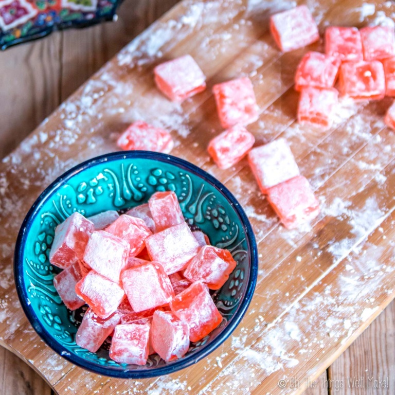 turkish delight in a bowl and some on a chopping board