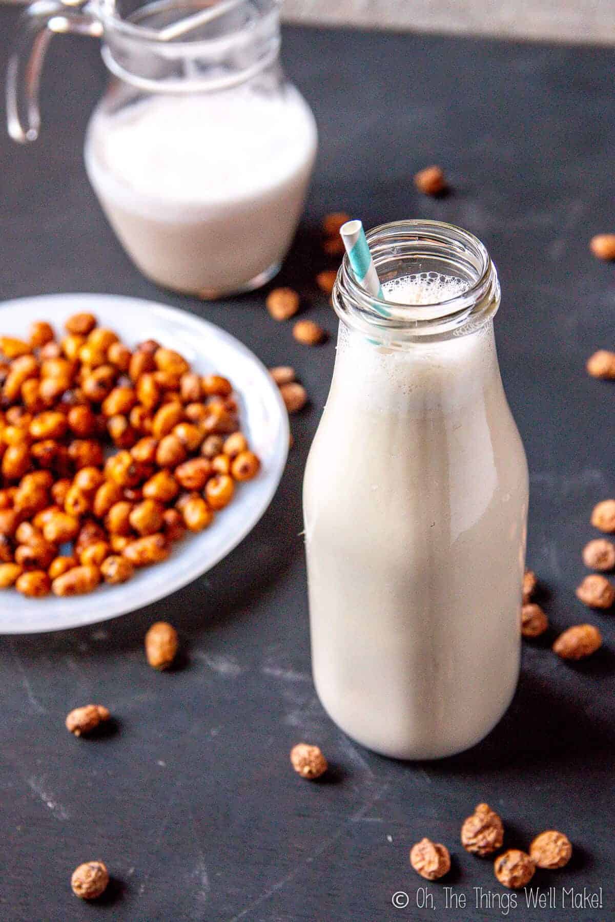 A bottle of tigernut milk (horchata de chufa) in front of a pitcher filled with more tiger nut milk, both surrounded by tiger nuts.