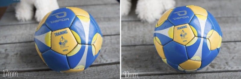 Two photos of a soccer ball taken with different lenses: one telephoto and one wide angle 