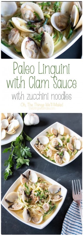 This paleo linguini with clam sauce recipe uses fresh clams and zucchini noodles to make a delicious, quick and easy, healthy meal.