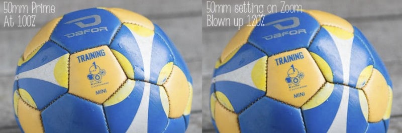 Closeup of Two photos of a soccer ball, one with a prime lens and one with a zoom lens