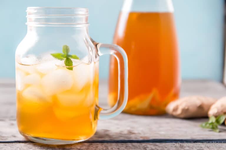 A mason jar mug filled with ice and a ginger switchel drink, garnished with a sprig of spearmint. There is a carafe of switchel and some ginger and spearmint in the background.