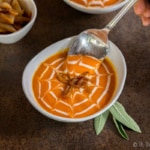 roasted pumpkin soup with red peppers and caramelized onions