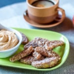 Crispy on the outside, sweet and soft on the inside, these sweet, paleo baked apple fries are perfect for dipping in my sweet pumpkin pie dip. #apples #applefries #paleo