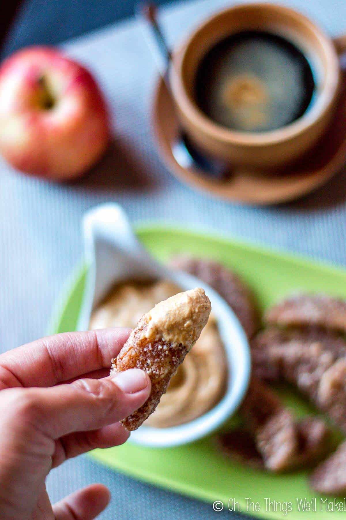 Closeup of a baked apple fry that was dipped in the pumpkin pie dip