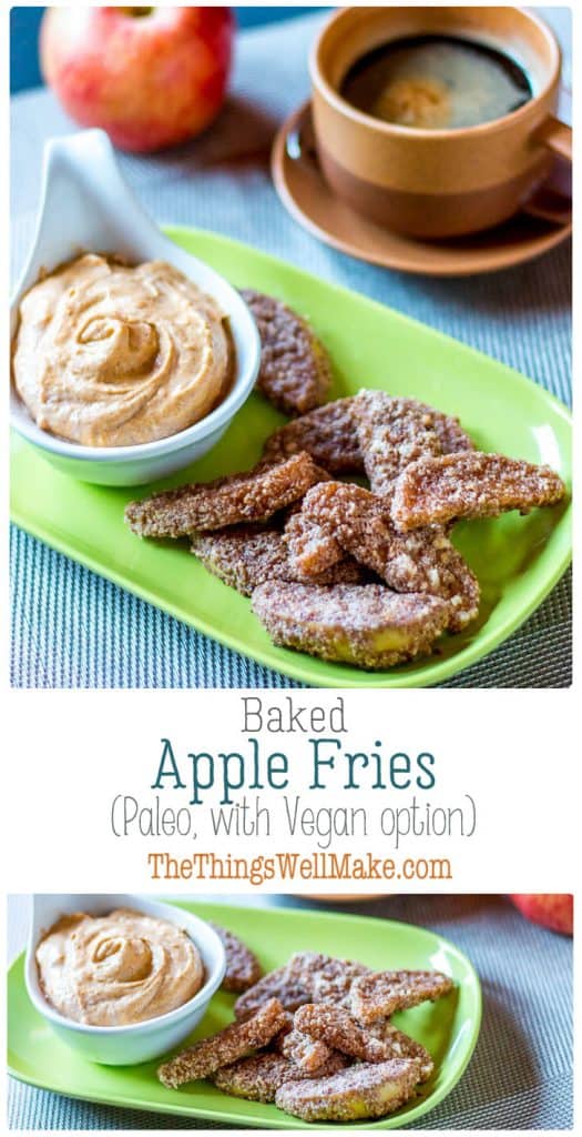 Crispy on the outside, sweet and soft on the inside, these sweet, paleo baked apple fries are perfect for dipping in my sweet pumpkin pie dip. #thethingswellmake #miy #apple #applefries #paleo #snacksforkids #snacks #fallrecipes #applerecipes #applesnacks #appledesserts #glutenfreerecipes #glutenfree