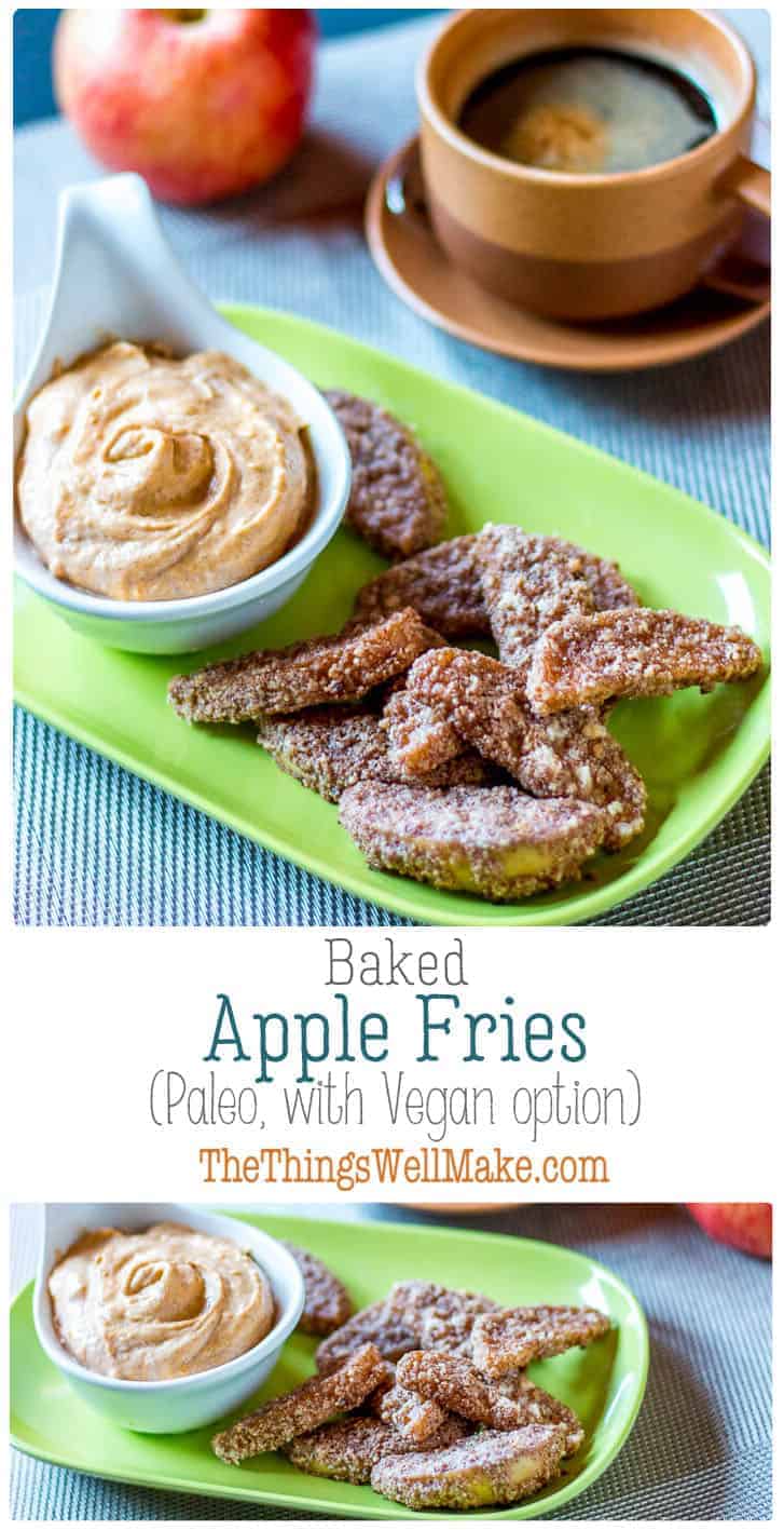 Crispy on the outside, sweet and soft on the inside, these sweet, paleo baked apple fries are perfect for dipping in my sweet pumpkin pie dip. #thethingswellmake #miy #apple #applefries #paleo #snacksforkids #snacks #fallrecipes #applerecipes #applesnacks #appledesserts