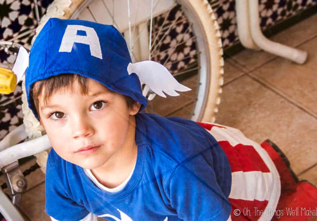 Face shot of boy dressed in homemade Captain America costume