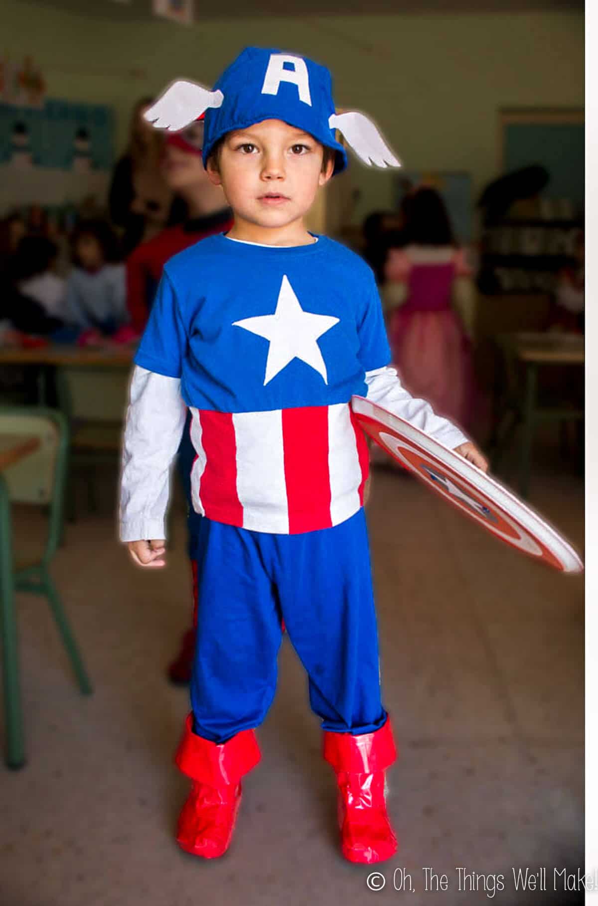 Boy dressed in homemade Captain America costume