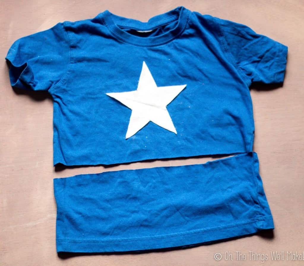 photo of where to cut the t-shirt in order to make a Captain America shirt