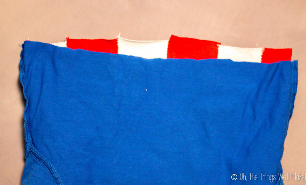 lining up the stripes and blue t-shirt to finish Captain America's shirt