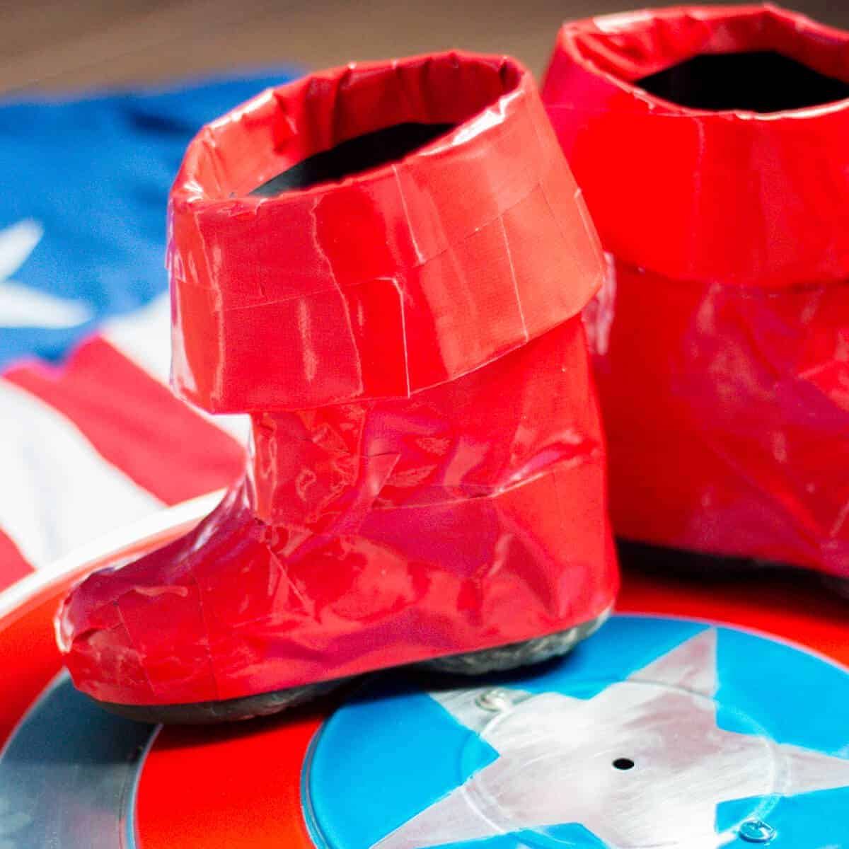 Homemade Captain America Boots made from duct tape on a homemade Captain America shield