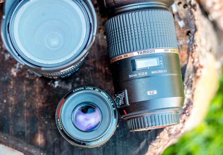 Overhead view of 3 photography objective lenses