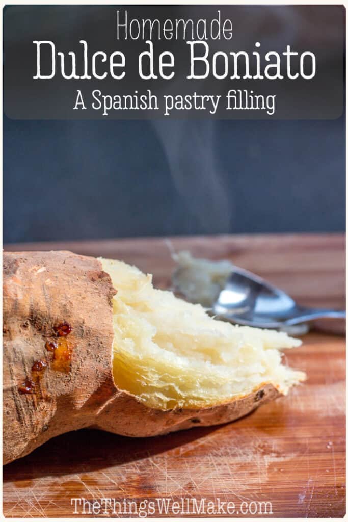 Dulce de boniato is a sweet Spanish pastry filling used mostly around Christmas for filling pastries like pastissets (pastelitos) or empanadillas dulces. While most people use the canned variety here, it is quite easy to make and tastes much better when made from scratch. #pastryfilling #spanishrecipes #dessertrecipes #boniato #thethingswellmake #miy