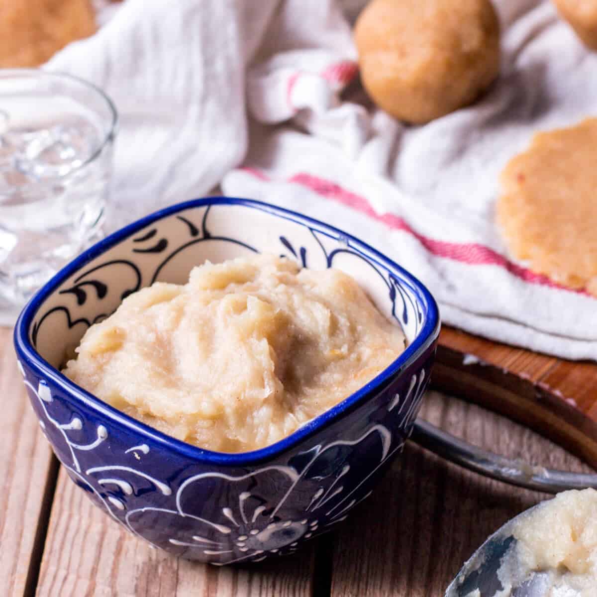 A small bowl of dulce de boniato, a sweet Spanish pastry filling made from white sweet potatoes.