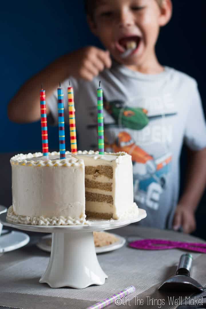 This grain free birthday cake isn't as good as a "normal" cake, it's better. It's moist and flavorful, and goes perfectly with a homemade buttercream frosting.