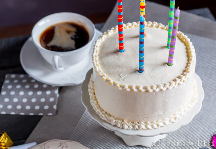 This grain free birthday cake isn't as good as a "normal" cake, it's better. It's moist and flavorful, and goes perfectly with a homemade buttercream frosting.