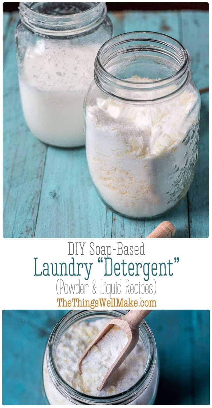 Making your own effective homemade laundry detergent is easy and can save you money. We'll show you how to make both a powder and liquid laundry detergent. #thethingswellmake #MIY #laundrydetergent #laundry #detergent #soap #wash #washing #naturalcleaning #naturalcleaningproducts #cleaning #greencleaning #greenliving #greenlivingtips