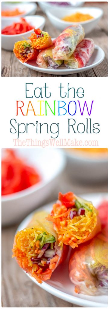 Eating the rainbow and getting in a healthy dose of colorful vegetables is fun and easy with these colorful rainbow spring rolls.
