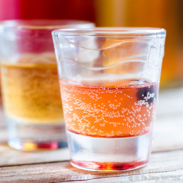 Two shot glasses filled with different flavors of kombucha closeup to show the bubbles.