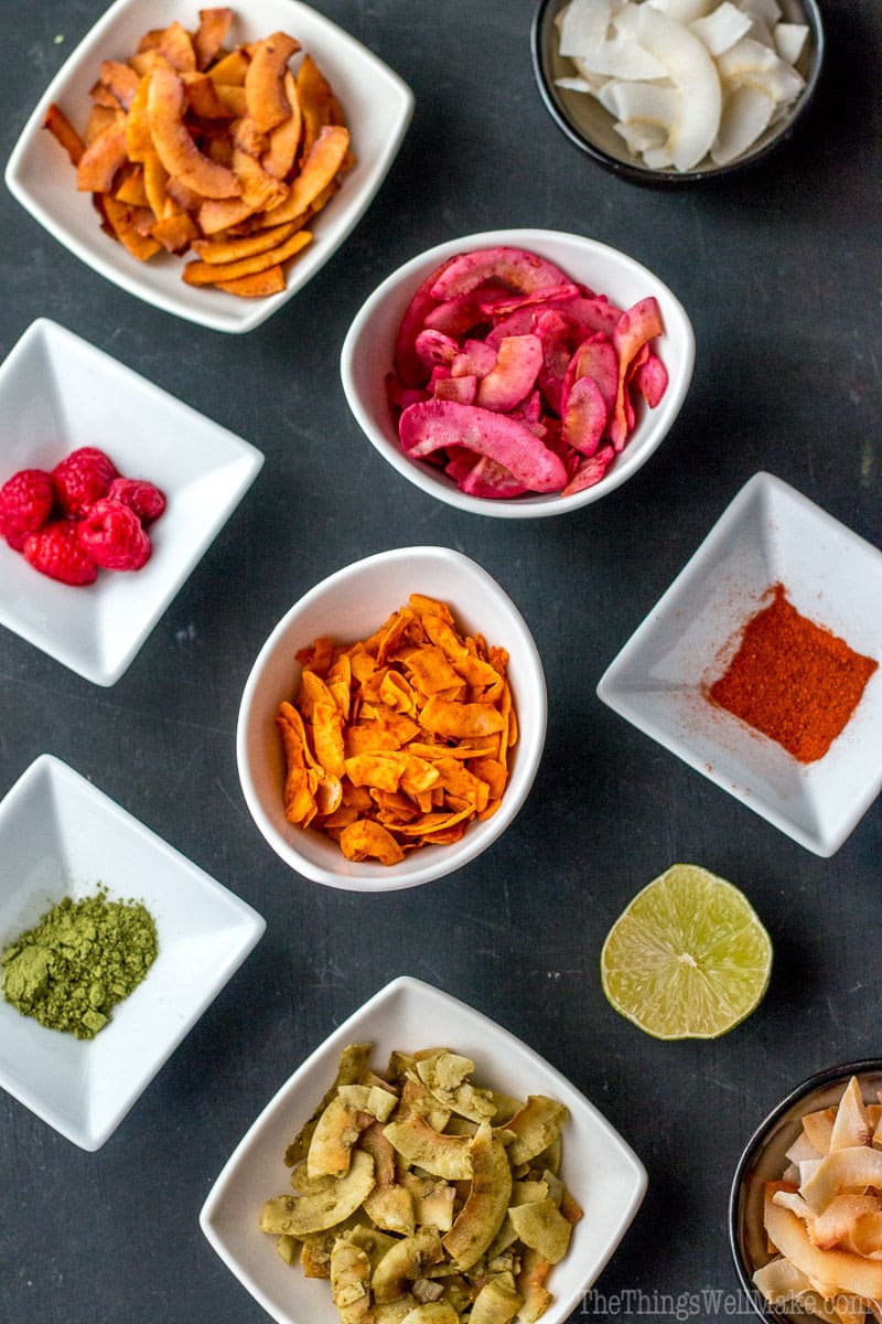 Overhead view of a variety of seasoned coconut chips