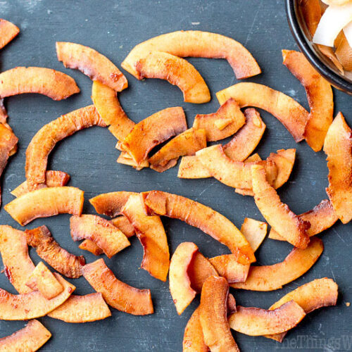 Sweet, smoky, and salty, these seasoned coconut chips will remind you of maple sweetened bacon, but they are vegan! I'll show you how to make coconut bacon in just a few minutes!