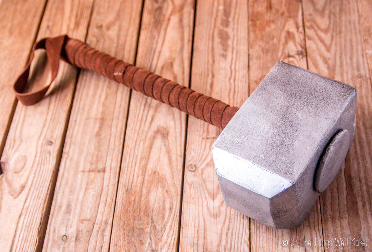 Photo of painted Thor's hammer after having wrapped the handle with suede