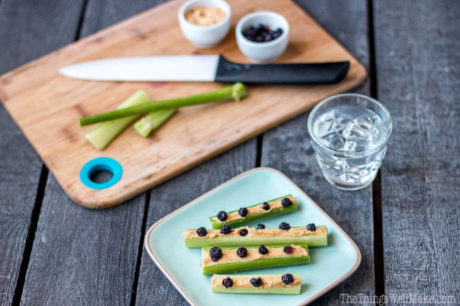 Ants on a log snack made with celery, peanut butter, and dried blueberries