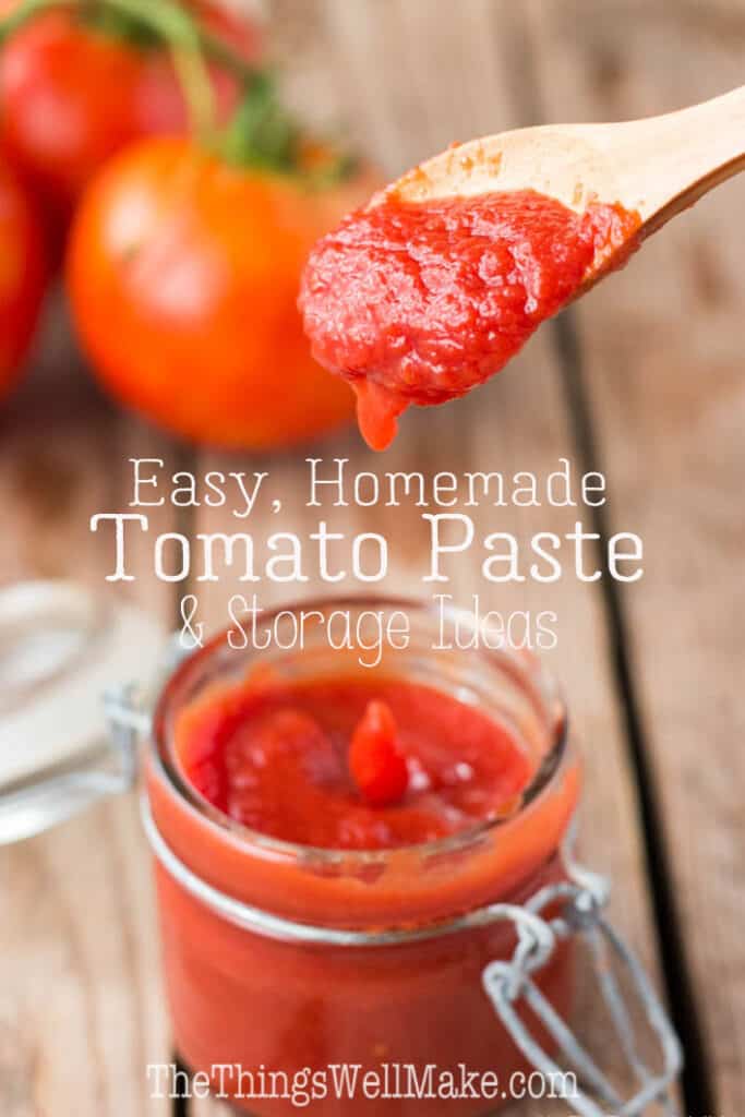 Making a homemade tomato paste from scratch is easier than you may think. It's the perfect way to conserve excess tomatoes from your garden. It can be made on the stove top, in your oven, or in a slow cooker. Learn how to make it, and how to conserve it for later. #thethingswellmake #miy #tomatopaste #tomatosauce #tomatorecipes #tomatoes #freezing #canning #preservingfood #homesteading #homesteadingskills #pantrybasics
