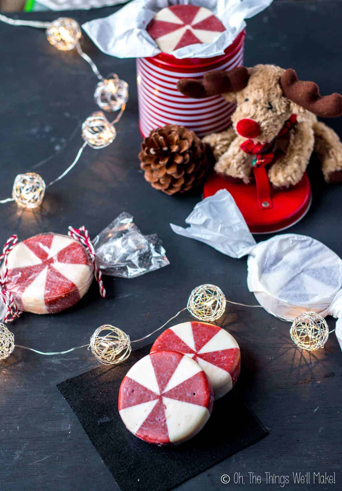 This fun holiday peppermint soap looks like peppermint candy and it's perfect for Christmas time, but can also be enjoyed year round.