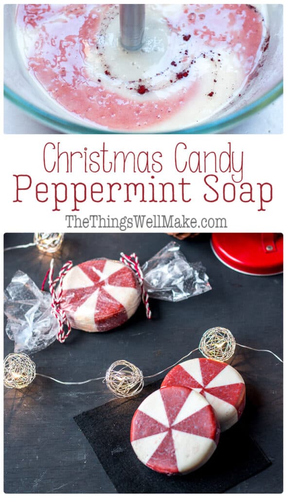 This fun holiday peppermint soap looks like peppermint candy. Its festive appearance makes it perfect for Christmas time, but that doesn't mean you can't enjoy using it year round. #peppermint #peppermintsoap #christmassoap #naturalskincare #soapmaking #holidaycrafts #christmascrafts