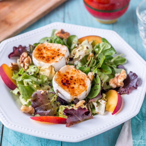 This easy, caramelized goat cheese salad with walnuts is elegant enough for festive get togethers, yet simple enough to make as an every day meal or side.