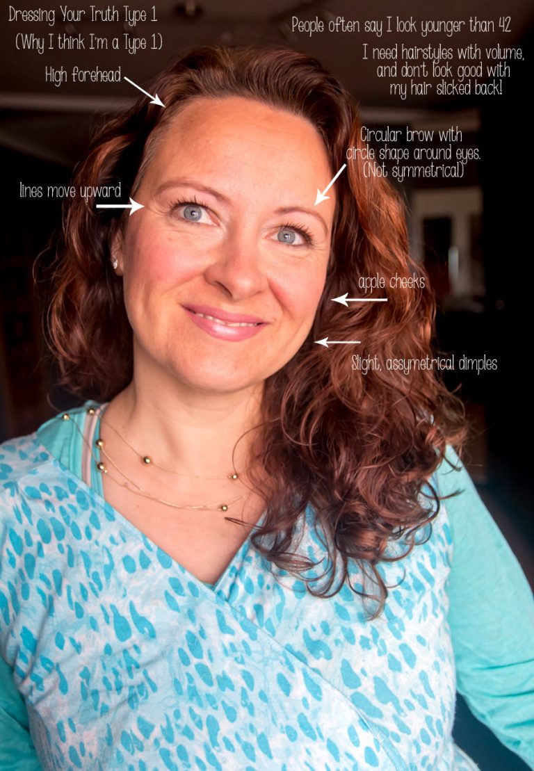 Photo of a girls face with words pointing to different facial features. (Apple cheeks, asymmetrical dimples, upward lines at eyes, circular brows, high forehead, youthful appearance)